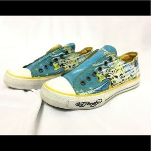 Ed Hardy Pull On Sneakers Blue/Yellow Size 7